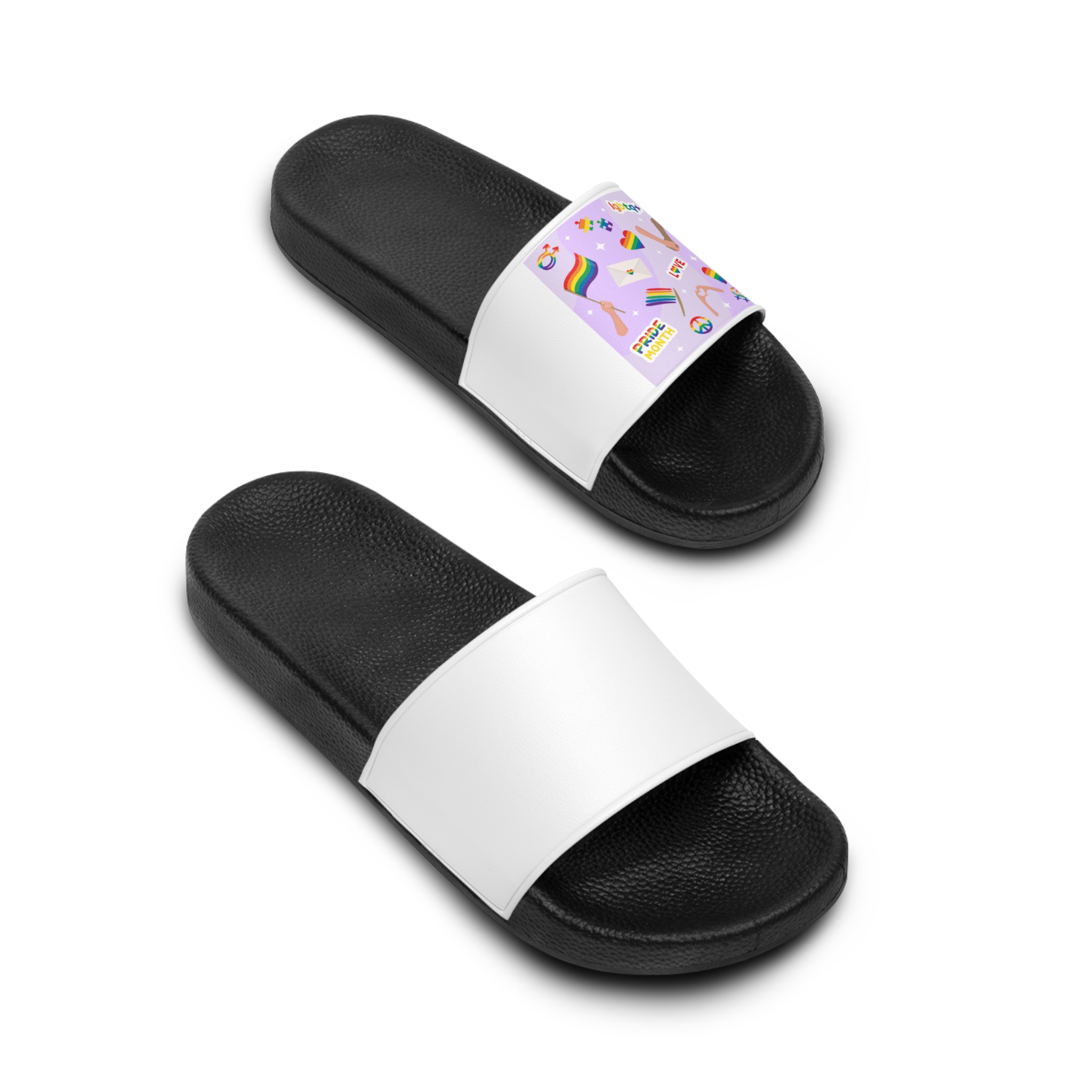 Cute Rainbow Colors Lgbtq Symbols Pride Flag Hands Holding Peace Love Mens Slide Sandals - Image 4