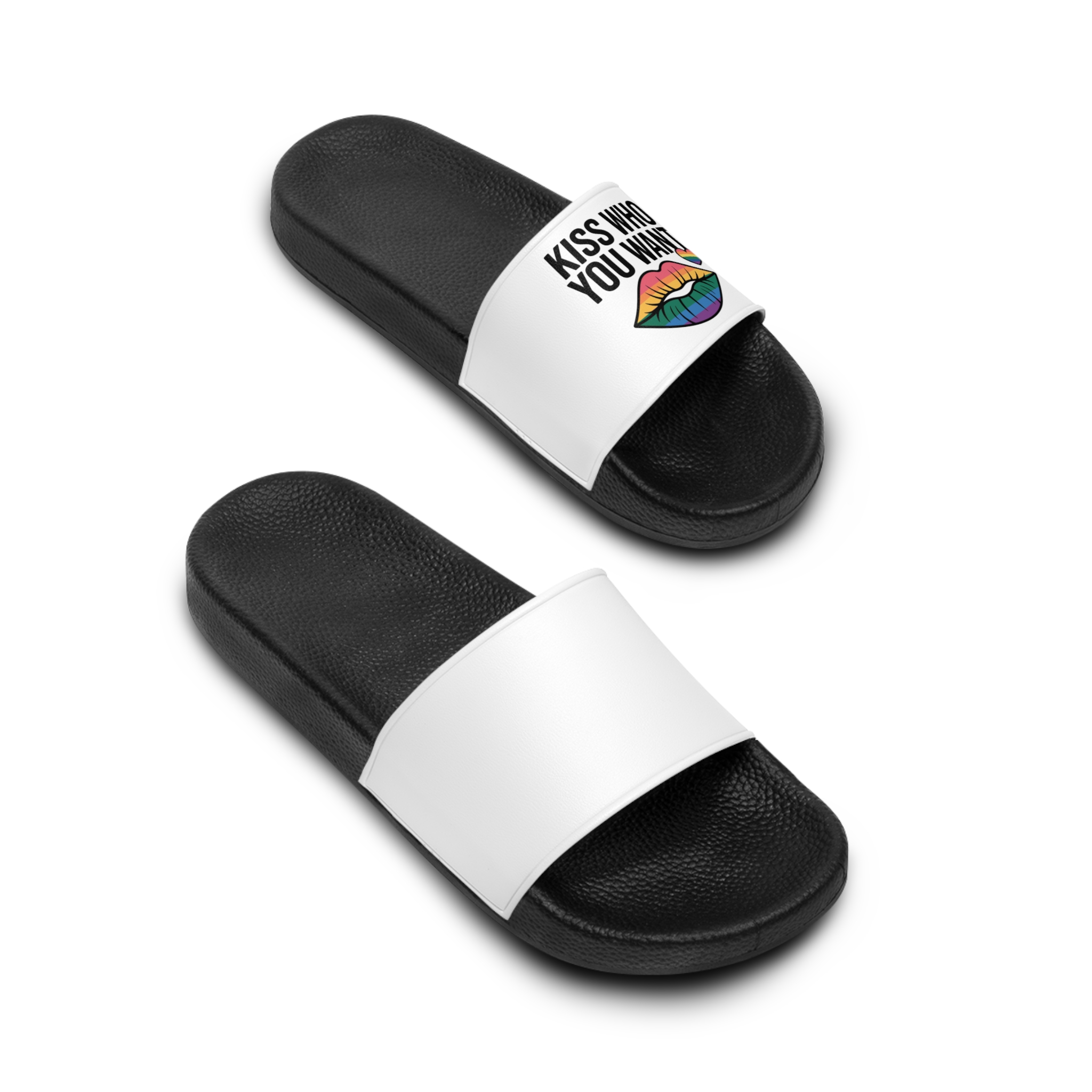 Kiss Who You Want T Shirt Design Isolated White Background Mens Slide Sandals - Image 4