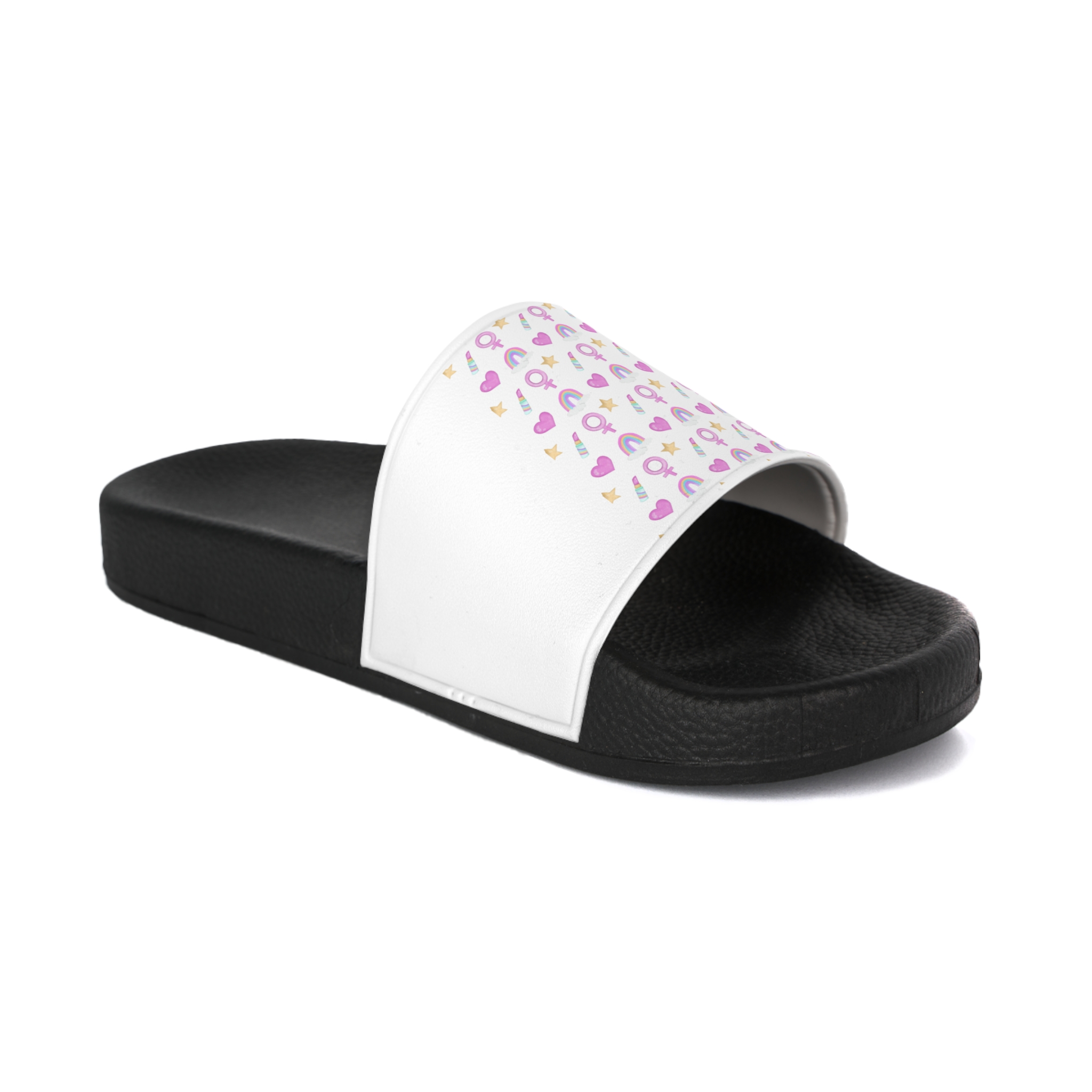 Cute Feminine Seamless Pattern With Rainbows Hearts Venus Symbols Mens Slide Sandals - Image 2