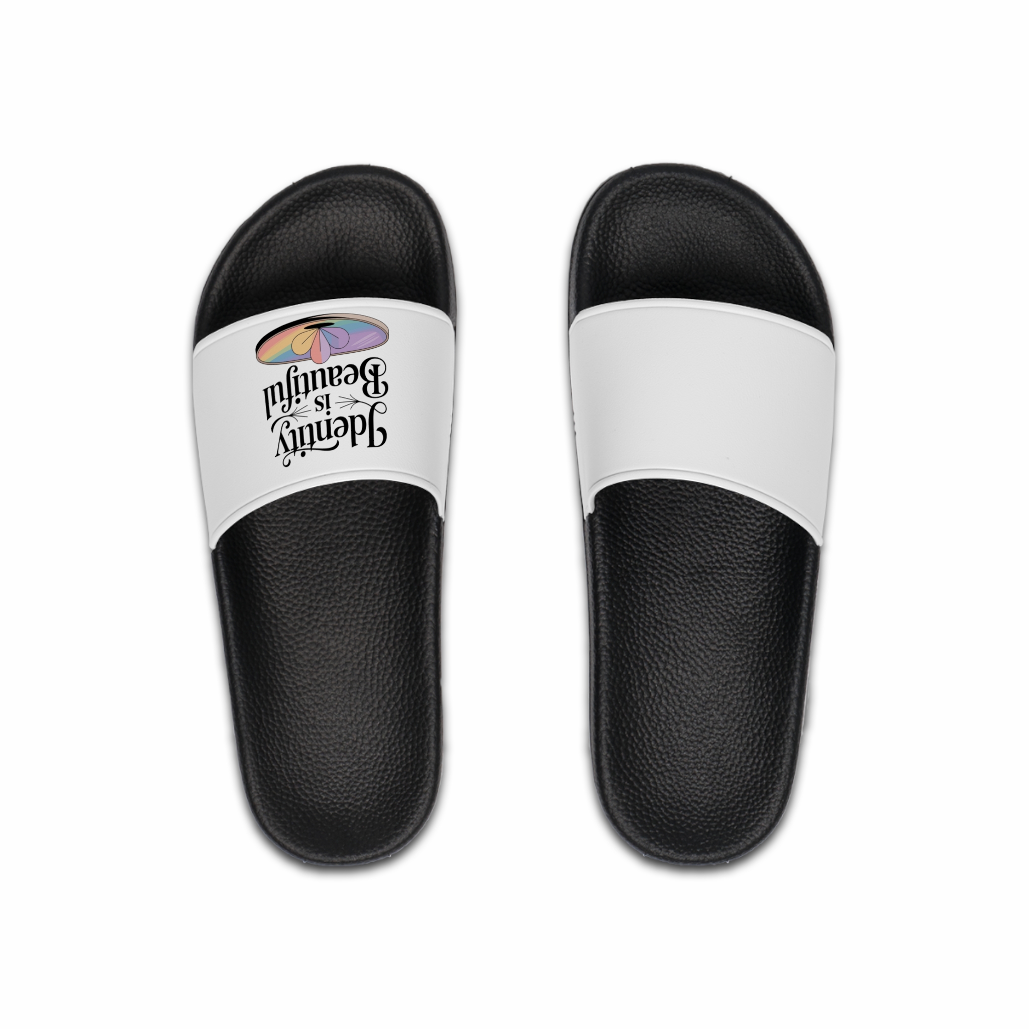 Identity Is Beautiful T Shirt Design Isolated White Background 2 Mens Slide Sandals