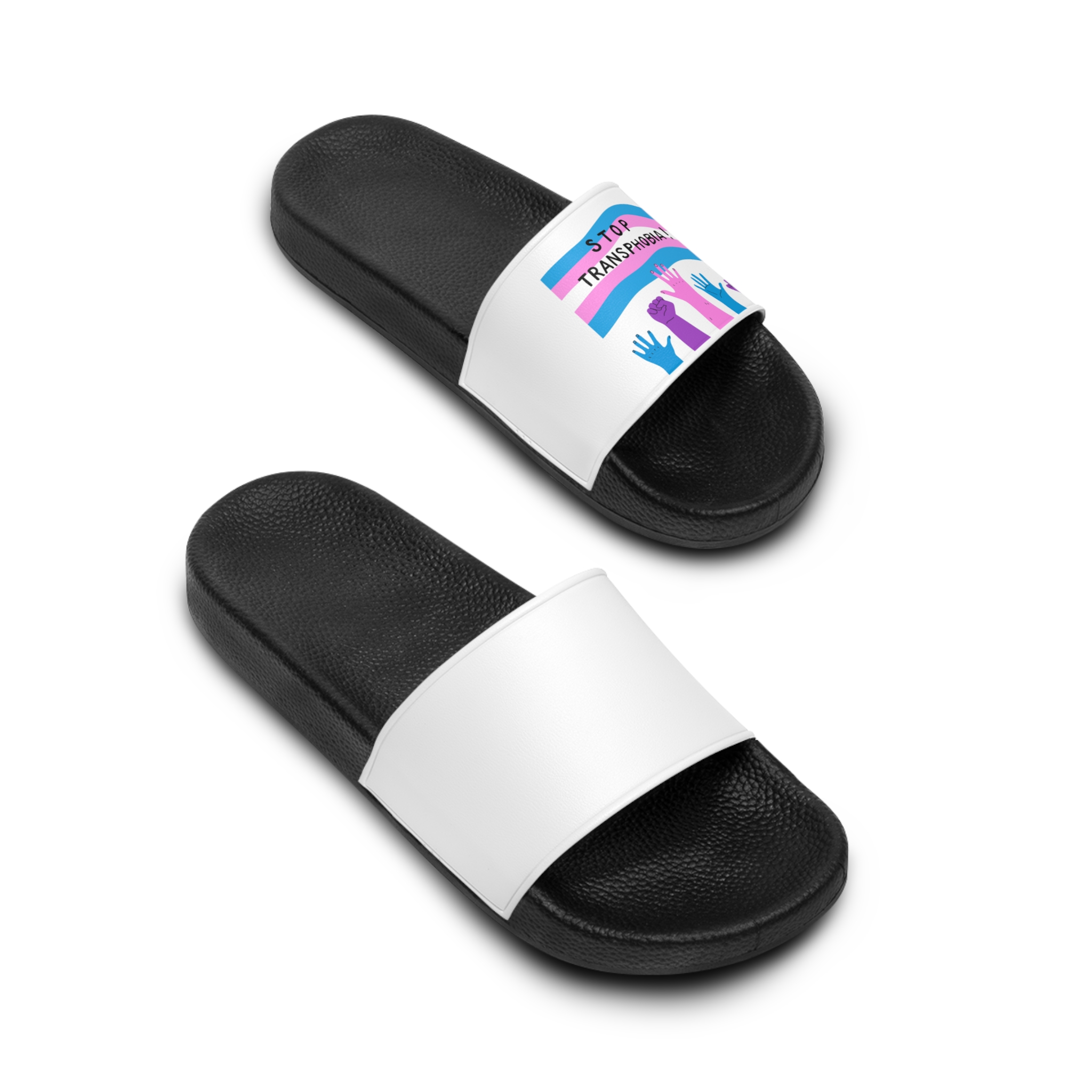 Hand Drawn Stop Transphobia Concept Illustration Mens Slide Sandals - Image 4