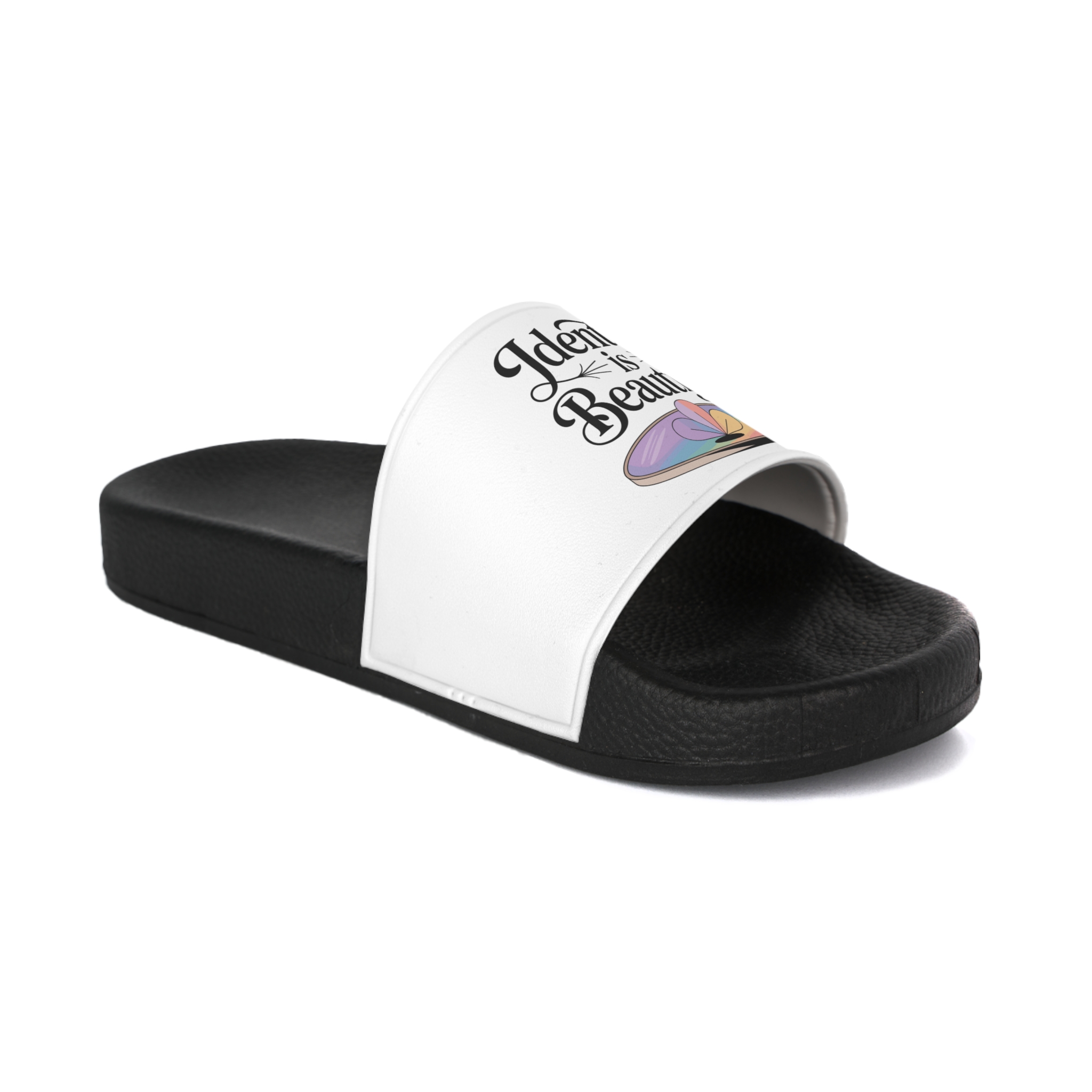 Identity Is Beautiful T Shirt Design Isolated White Background 2 Mens Slide Sandals - Image 2